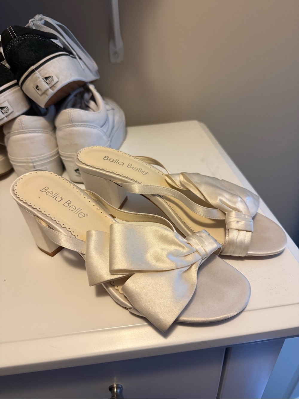 Bella Belle Ivory Satin Bow Block Heel Sandals